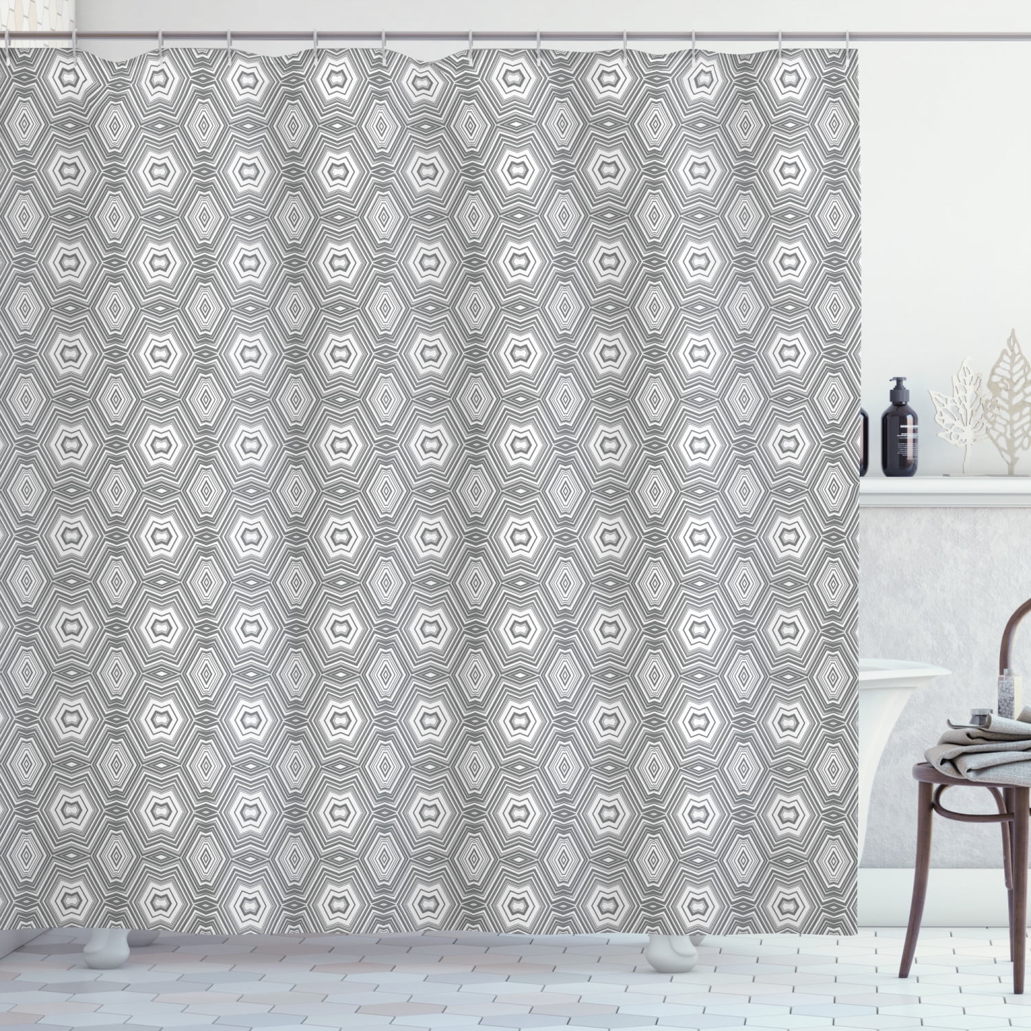 Grey and White Shower Curtain, Abstract Pattern with Lots of Angular Elements A Kaleidoscope of
