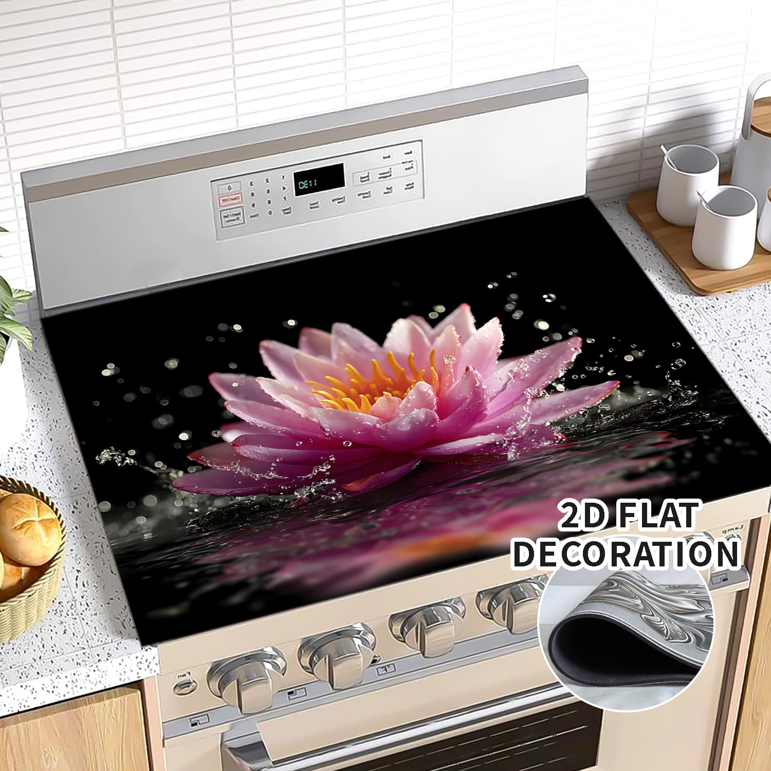 Lotus Stove Cover, Black Non Slip Kitchen Electric Stove Pad Washable 20x28inch, Heat Resist Gas Range Mat Induction Kitchen Decor Cooktop Protector Pad, 1Pc