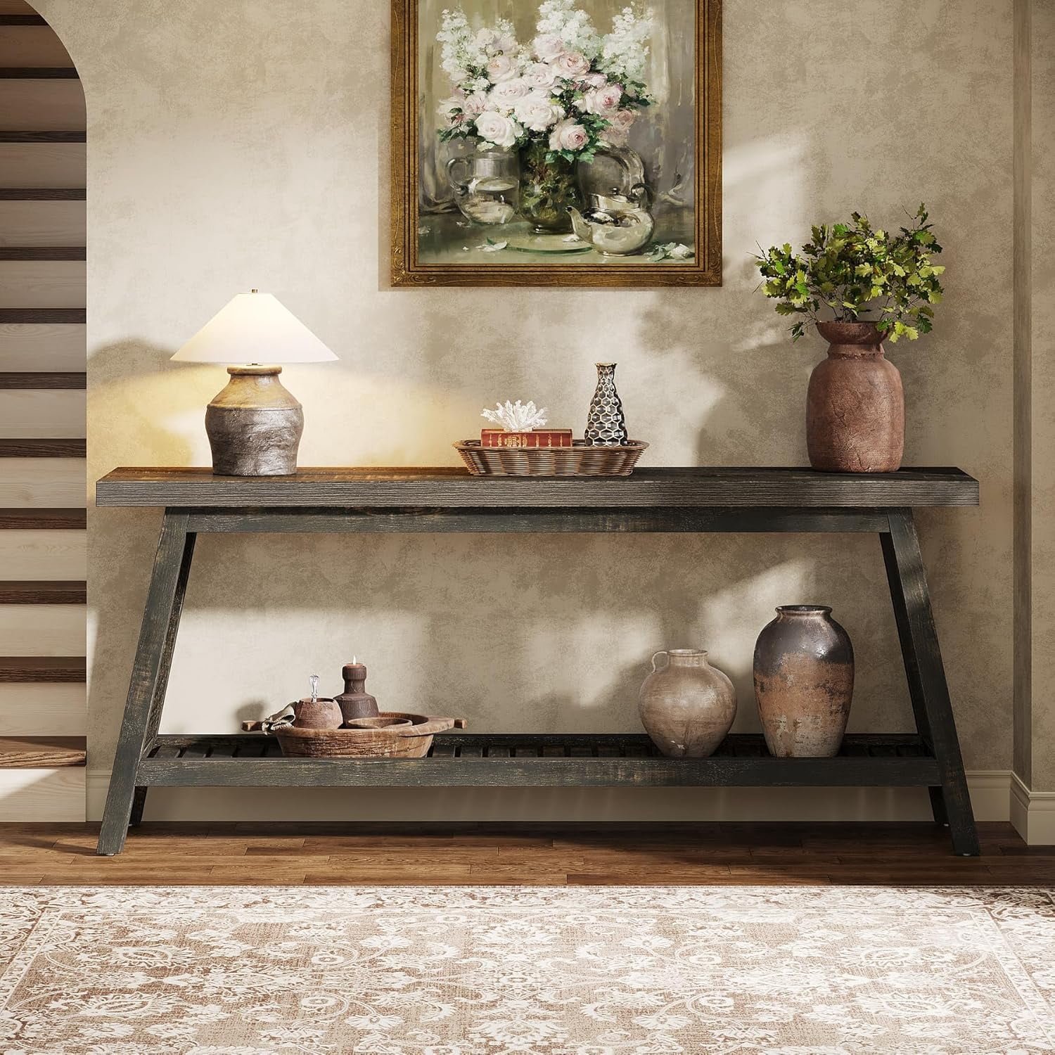 Tribesigns Farmhouse Console Entryway Table, 70.9" Extra Long 2-Tier Narrow Wood Table for Hallway, Living Room, Entrance, Dark Brown