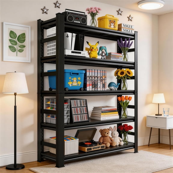 Storage Shelves, 3000 lbs, 5 Tier Garage Storage Shelving, 24" D x 48" W x 72" H Adjustable Metal Shelves for Garage Shelves Utility Rack Shelf, Ideal for Kitchen, Warehouse, Basement, Black