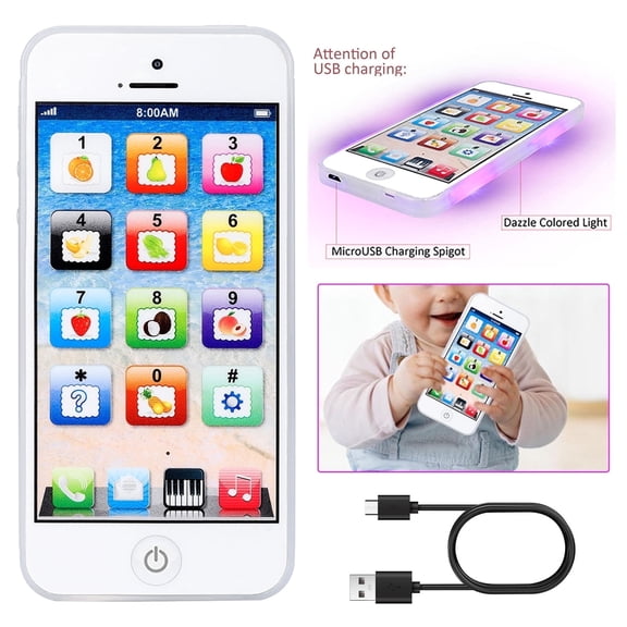 BFVV Educational Toy Phone for Toddlers Ages 2-8, Mini iPhone Style Kids Smart Phone for Boys & Girls, Interactive Light Music Rechargeable Tiny Phone, Early Learning Pretend Play Cellphone (White)