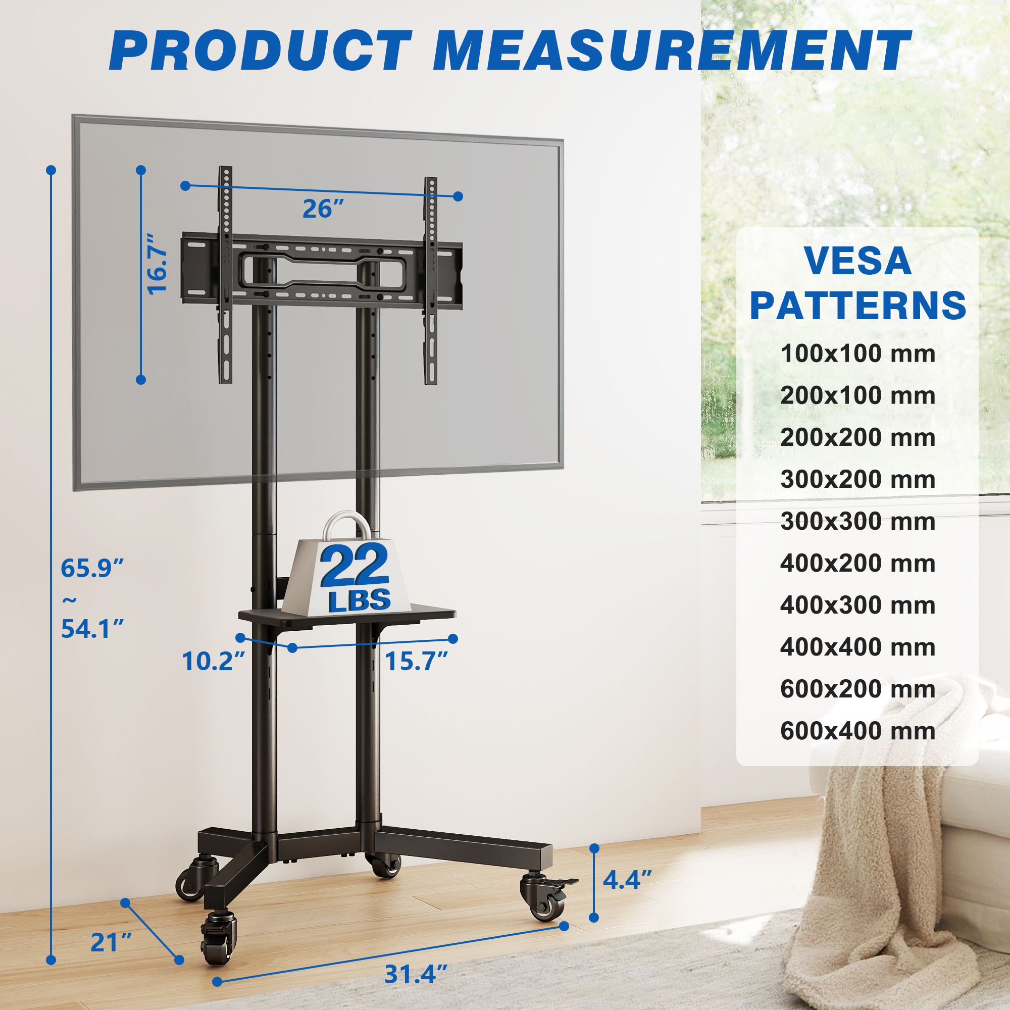 RTVR Modern Rolling TV Cart Stand for TVs 32-85" photo 8