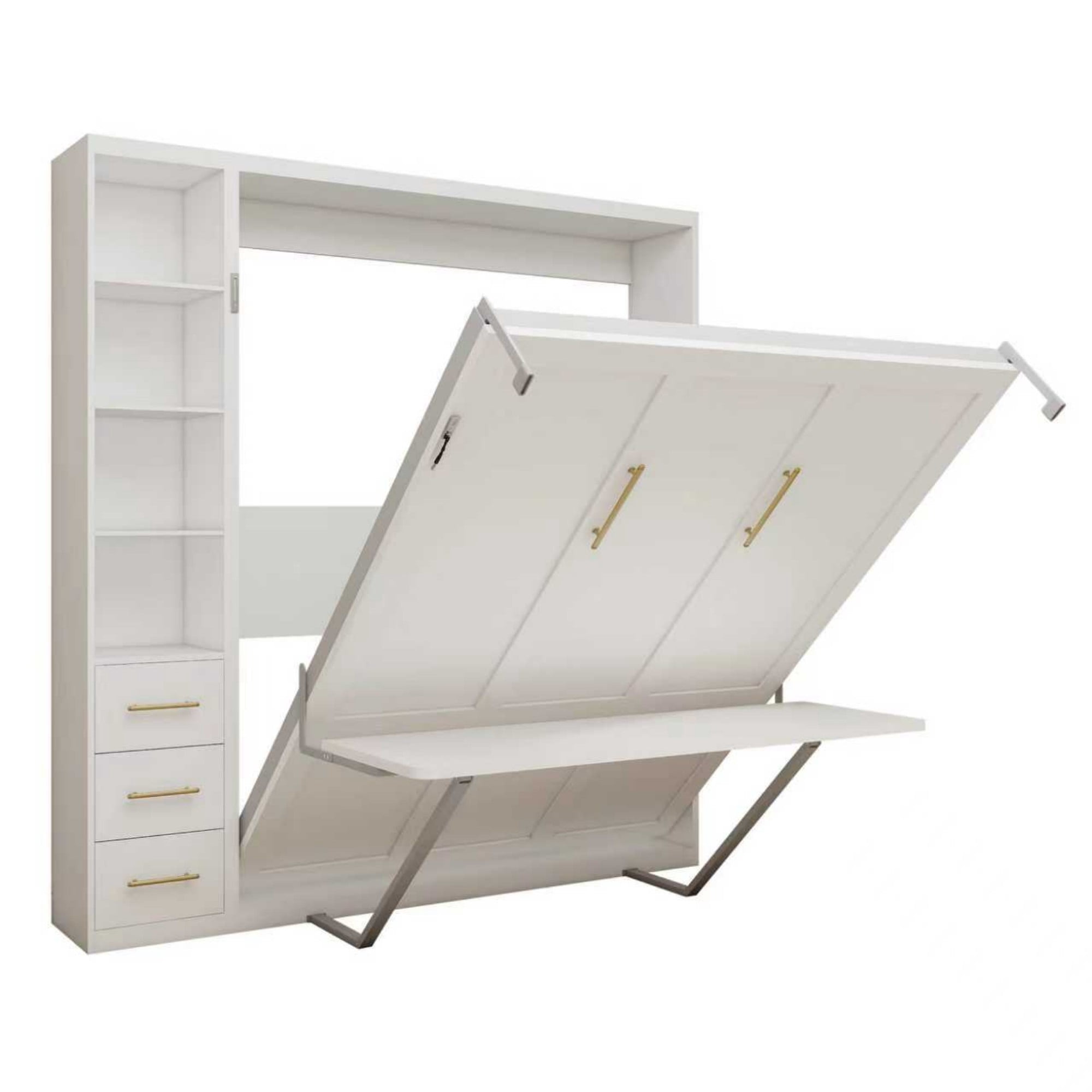 Queen Size Murphy Wall Bed with Desk and Side Cabinet, Foldable Wall Bed with Automatic Leg and Hydraulic System, Space-Saving Cabinet Bed for Home Office, Bedroom, White