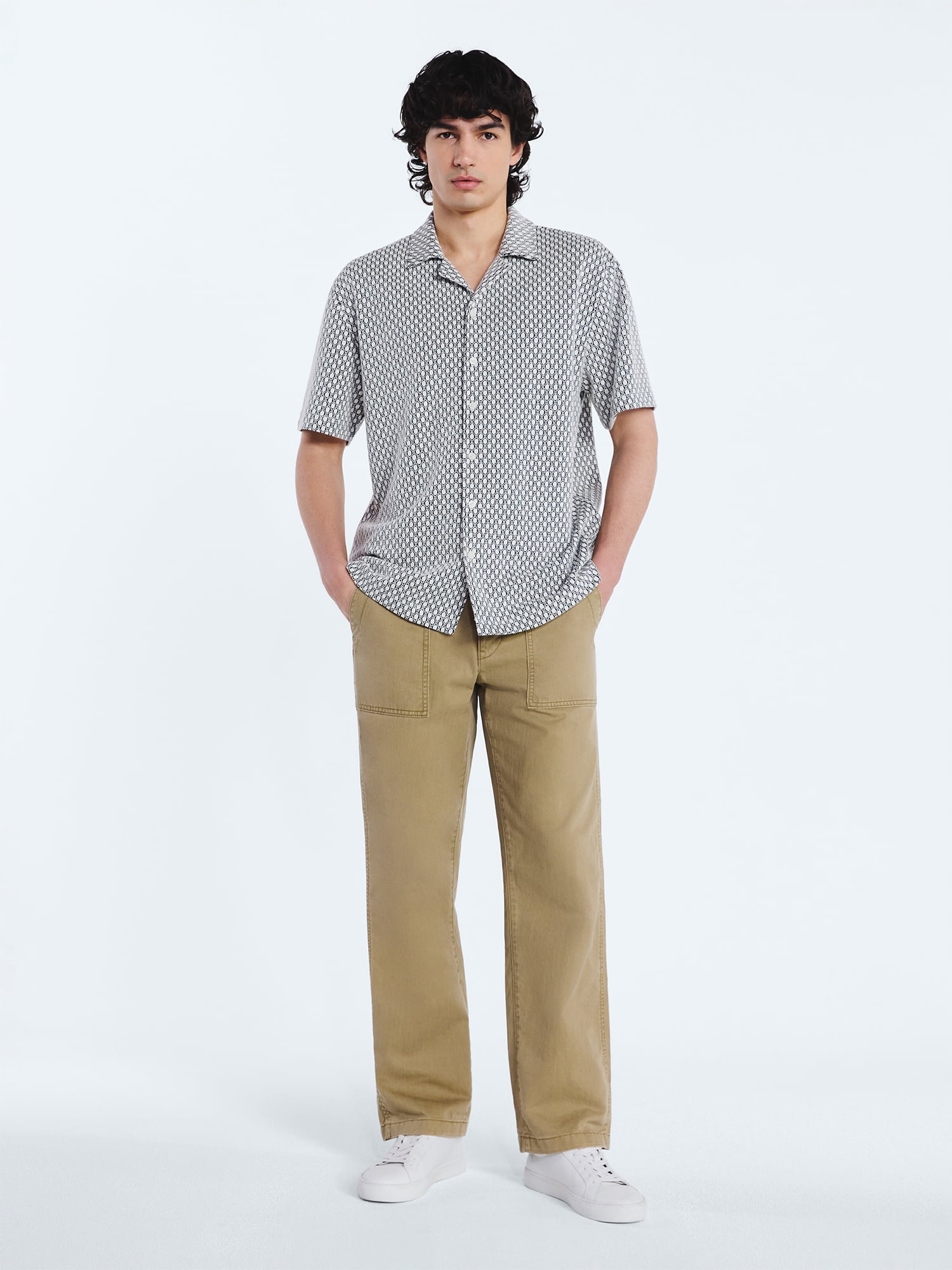 Free Assembly Men's Button Front Jacquard Shirt with Short Sleeves, Sizes S-3XL