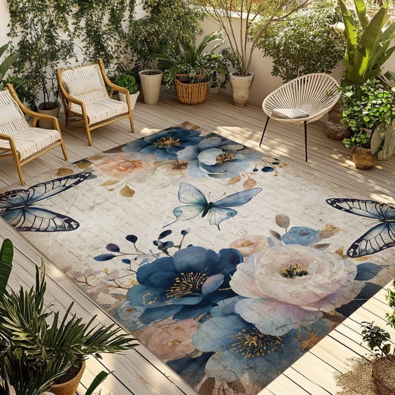 3' x 5' Outdoor Rug, Vintage Blue Floral Outdoor Washable Rug Large Floor Carpet, Butterflies Watercolor Flower Tan Non Shedding Area Rug for Outside Patio RV Porch Deck Balcony Camping Living Room