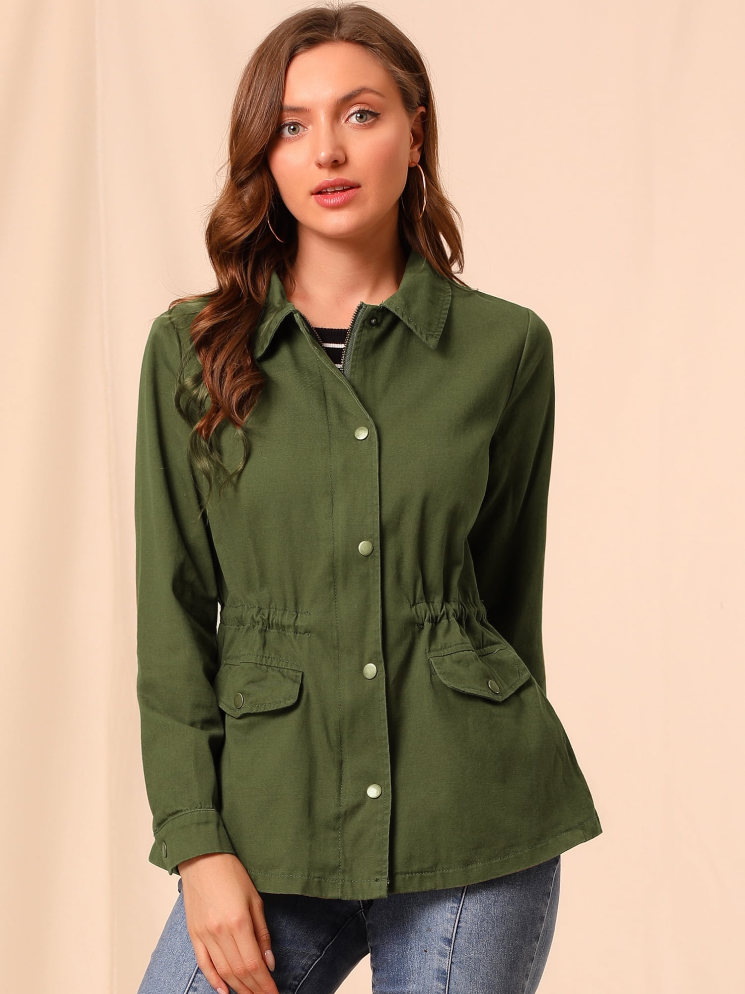 DARING DIVA Women's Long Sleeve Drawstring Waist Flap Pockets Jacket 2XL Olive Green