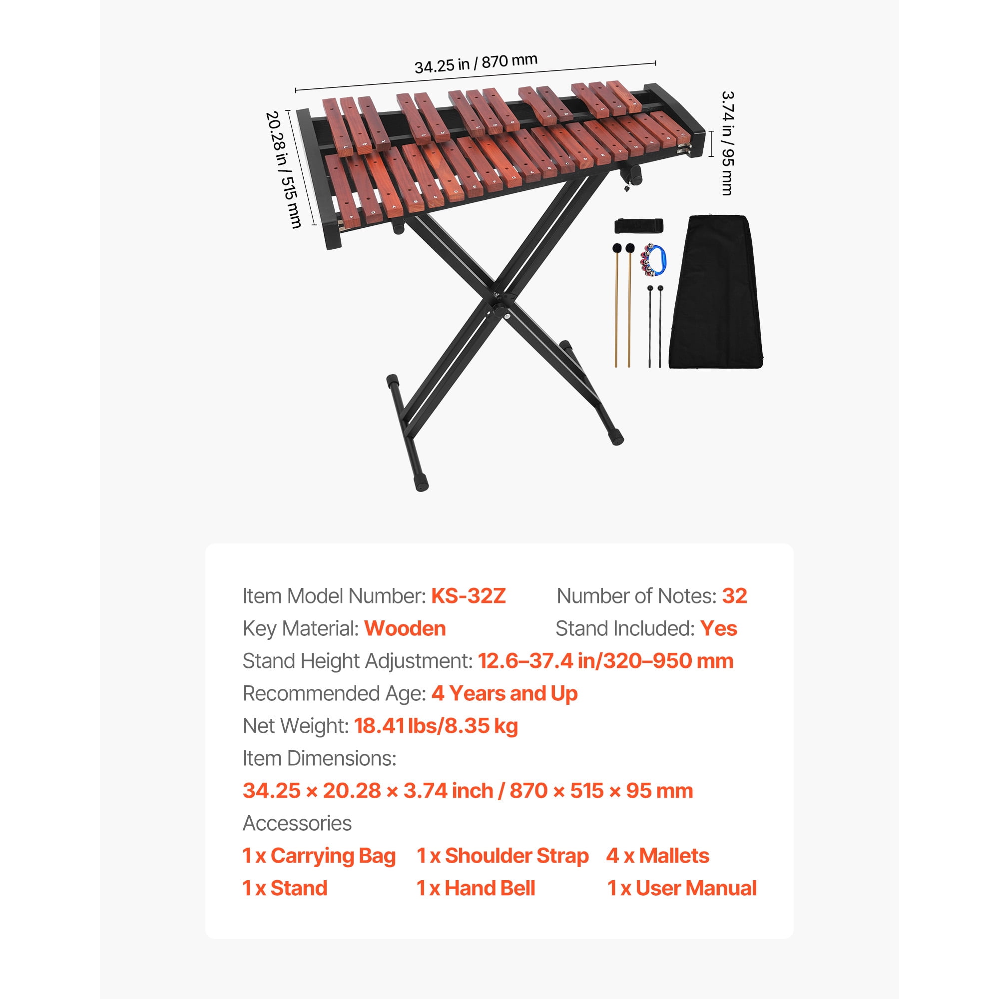 KFFKFF 32-Note Glockenspiel Xylophone with Adjustable Stand, Wooden Percussion Instrument Kit, Includes 4 Mallets and Carrying Bag, Suitable for Beginners, Adults, and Kids