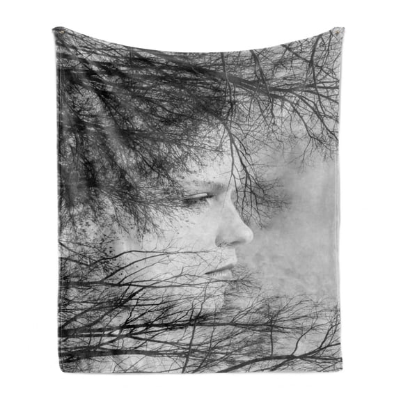 Black and White Soft Flannel Fleece Throw Blanket, Woman Face Among Tree Branches Double Exposure Effect Print, Cozy Plush for Indoor and Outdoor Use, 50" x 60", Black and White, by Ambesonne