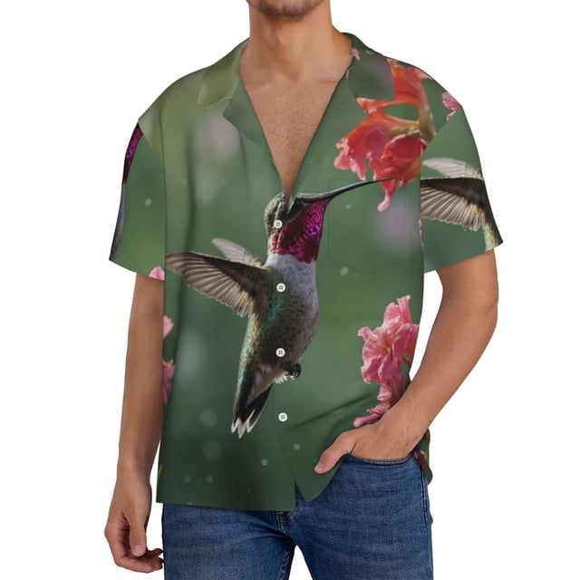 Balery Humming Bird 1 Camisa Casual de Manga Corta con Botones para Hombre, Texturizada, Estilo Cubano, para Playa, Verano-X-Large