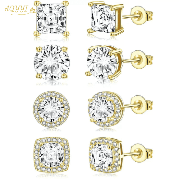 AQYYI 4 Pairs 1 Carat 14K Gold Plated Cubic Zirconia Stud Earrings Set, Round & Princess Cut Solitaire & Halo Screw Back Hypoallergenic Earrings, Wedding Christmas Jewelry Gift for Women