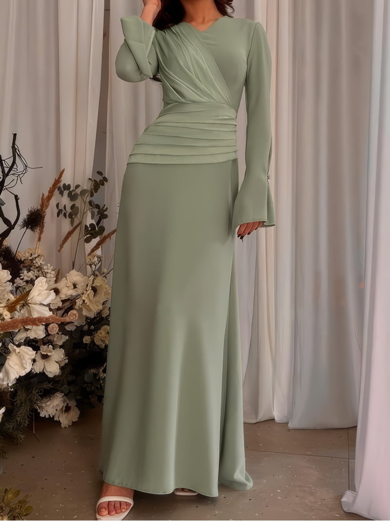 pea green bridesmaid dresses Halter Chiffon Mermaid Ruched Bridesmaid Dress in Pale Pistachio, Pale Pistachio / 8