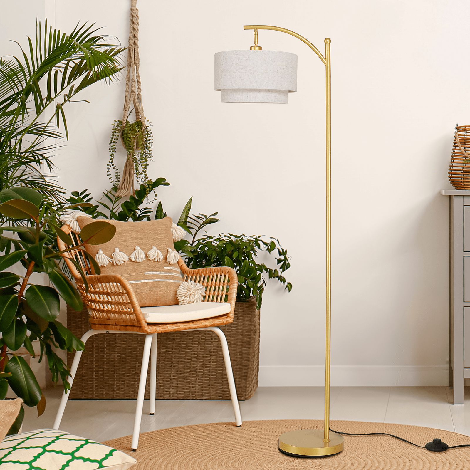 SUNMORY Arc Floor Lamp, Modern Corner Standing Lamp with Unique Hanging Douoble Drum Lampshade for Living Room, Bedroom, Study Room