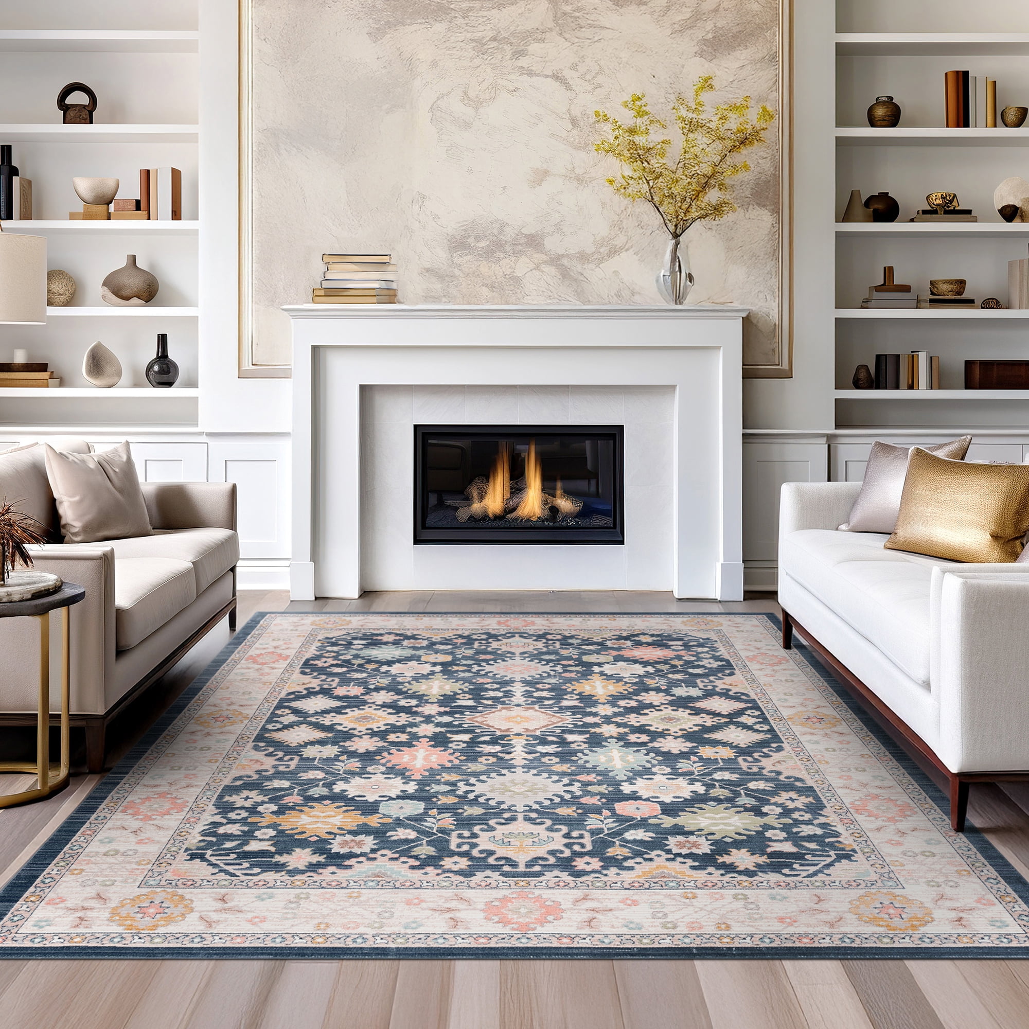 Crestwood Traditional Oriental 5x7 Navy and Aqua Polyester Indoor Area Rug, 5'3'' x 7'
