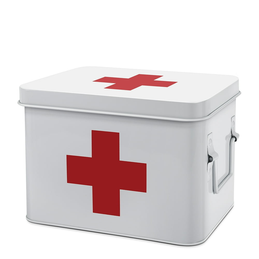 First Aid Medicine Box Supplies Kit Organizer 8.6" White Metal Tin
