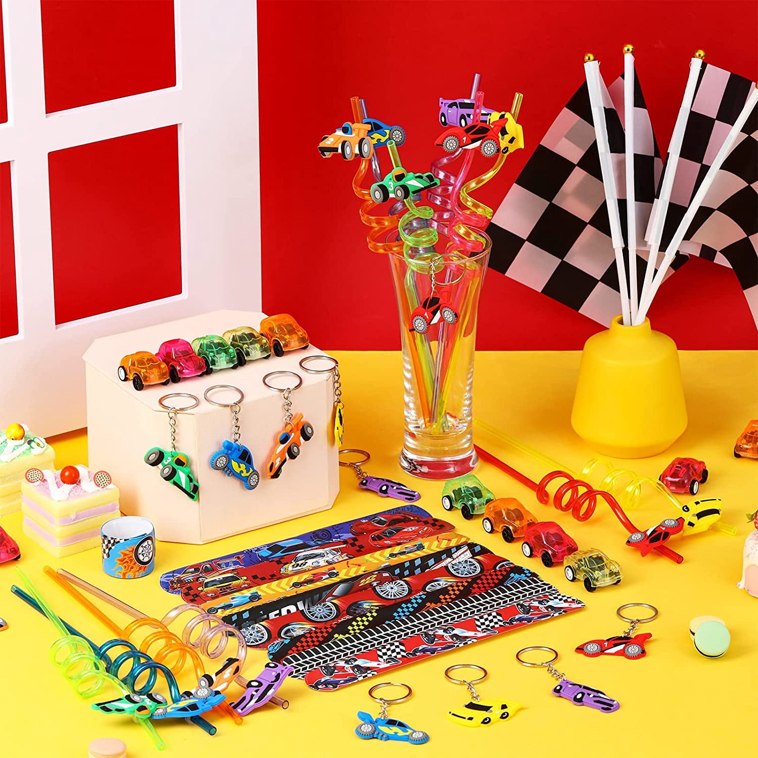 12 Pack Race Car Birthday Party Favors Set for Boys Kids Keychains Straws Slap Bracelets Mini Race Cars Sticker Racing Car Theme Birthday Party Supplies Baby Shower Treat Gift Goodie Bag Pinata Filler