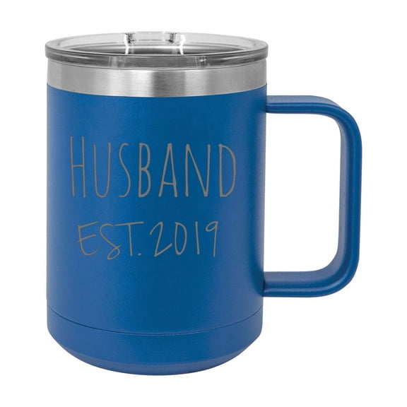 Husband Est. 2019 Established Stainless Steel Vacuum Insulated 15 Oz Engraved Double-Walled Travel Coffee Mug with Slider Lid