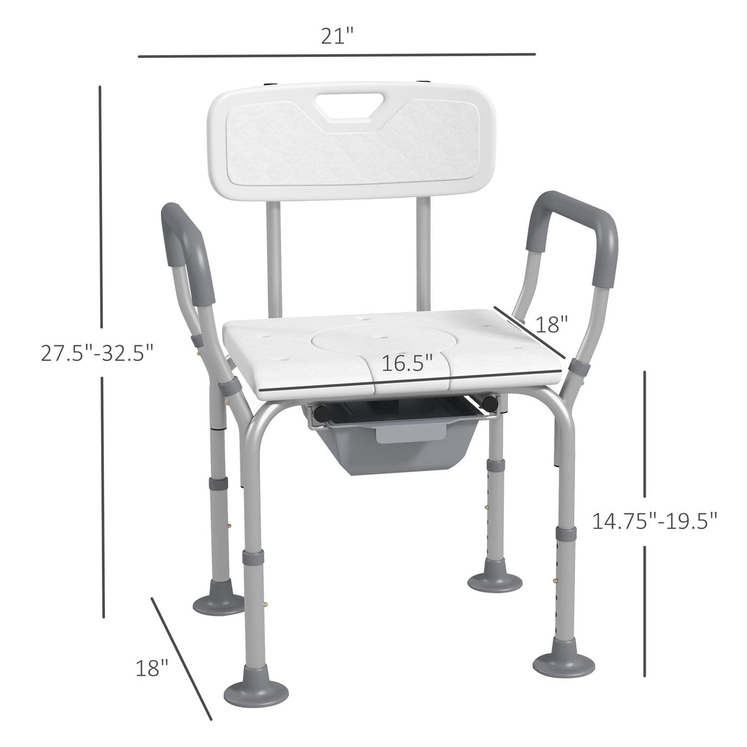 Demi Bonn 32" Adjustable Height Shower Chair with Back & Arms, Commode & Toilet Seat for Seniors & Disabled, Non-Slip Rubber Padding, White