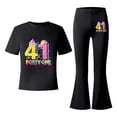 thumbnail image 5 of Ulitacool Girls Clothes Short Sleeve Sweatsuit Round Neck Cartoon Prints Tops With Flared Pants Two Piece Coordinated And Bottoms For Kids Relax Fit Spring Outfits Black 9-10 Years, 5 of 5