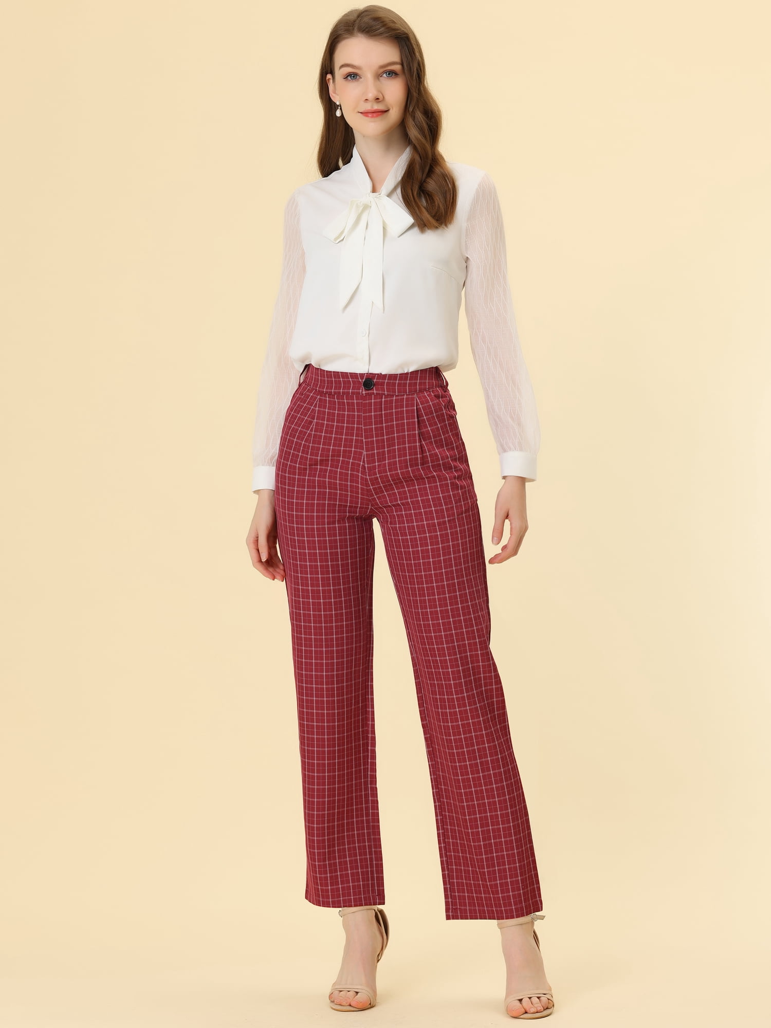 DARING DIVA Women's Plaid Trousers Pockets Straight Leg Casual Pant M Red