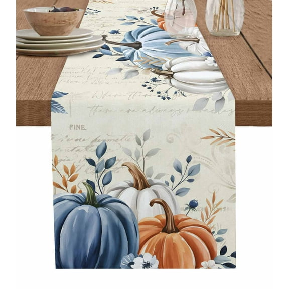 Blue Gray Pumpkin Fall Burlap Cotton Table Runner 18x72 Inches Long, Thanksgiving Botanical Autumn Beige Farmhouse Table Runners, Outdoor Dining Tablecloths Decor for Baby Shower/Party/Wedding