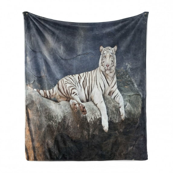 Tiger Soft Flannel Fleece Blanket, Albino Cat Sitting on Rock Sublime Nature Marvelous Animals Endangered Species, Cozy Plush for Indoor and Outdoor Use, 60" x 80", Slate Blue White, by Ambesonne
