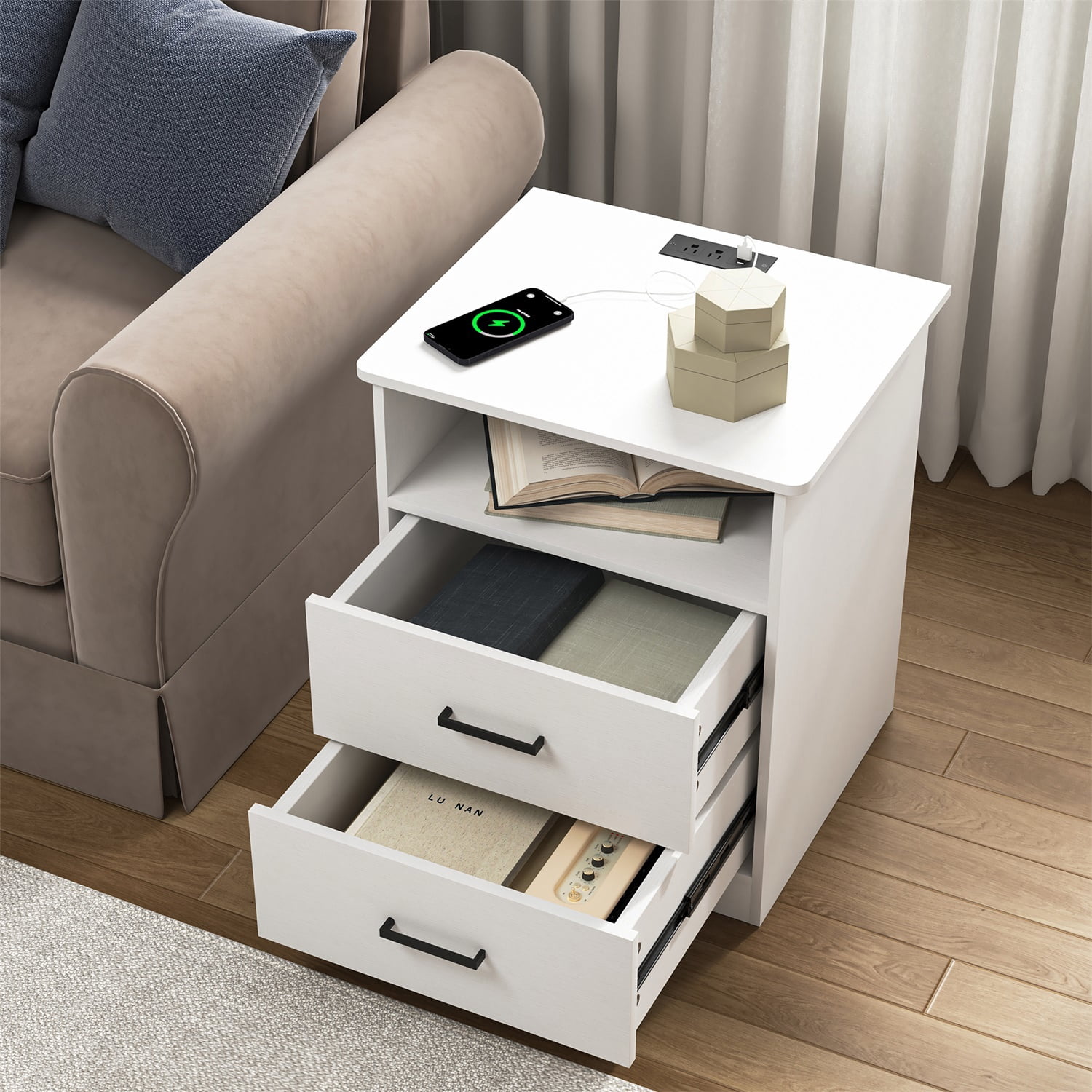 Hommoo Modern Nightstand with 2 Drawers and Open Shelf, End Side Table Bedside Table with Charging Station, White