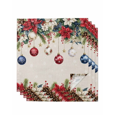 

Blue Red Christmas Balls Cloth Napkins Set of 4 Xmas Botanical Poinsettia Rustic Washable Reusable Dinner Cocktail Napkin for Kitchen Party Wedding Banquet Holiday Baby Shower Table Decor