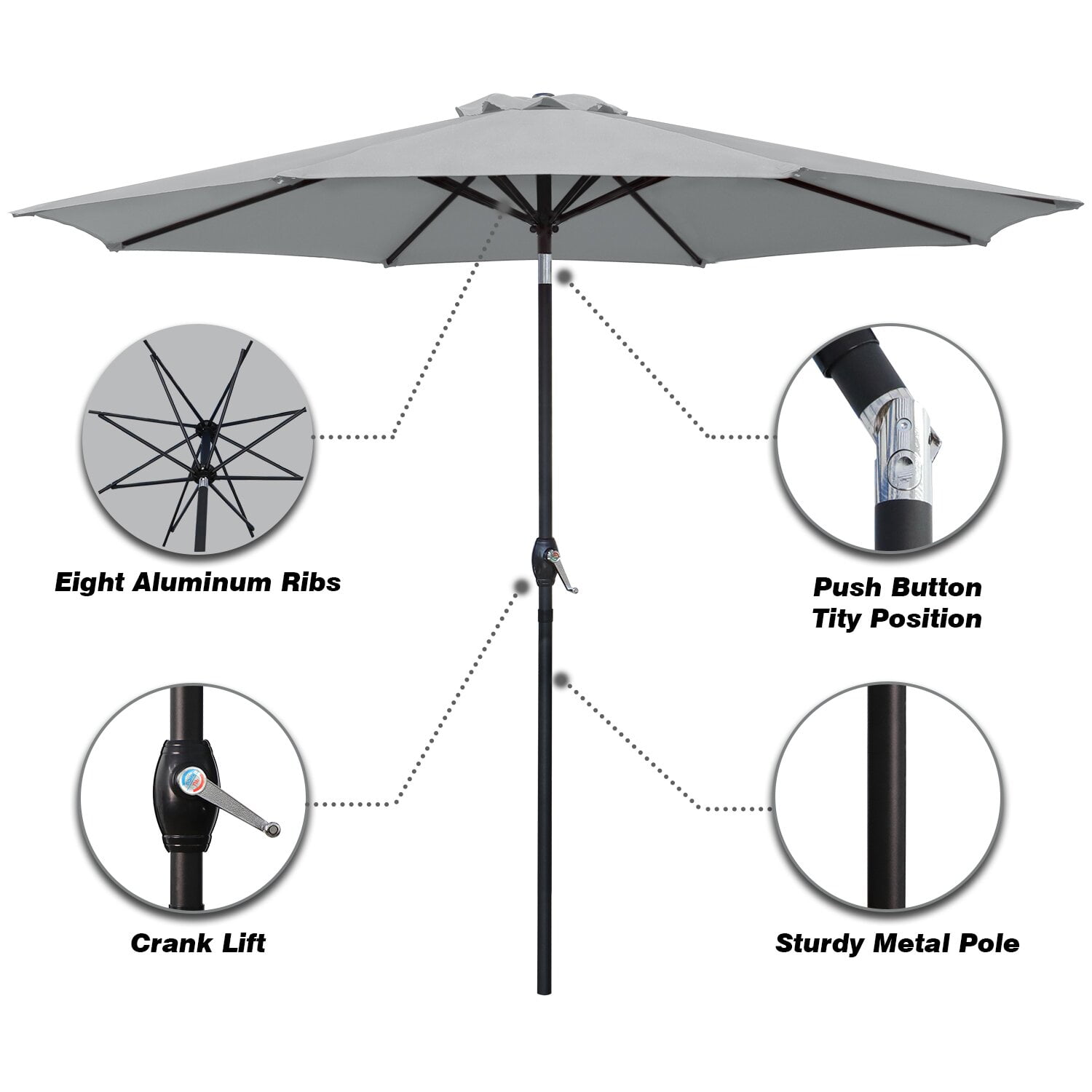 Lacoo 9' Grey Patio Umbrella Outdoor Market Table Umbrella with Push Button Tilt, 8 Sturdy Ribs