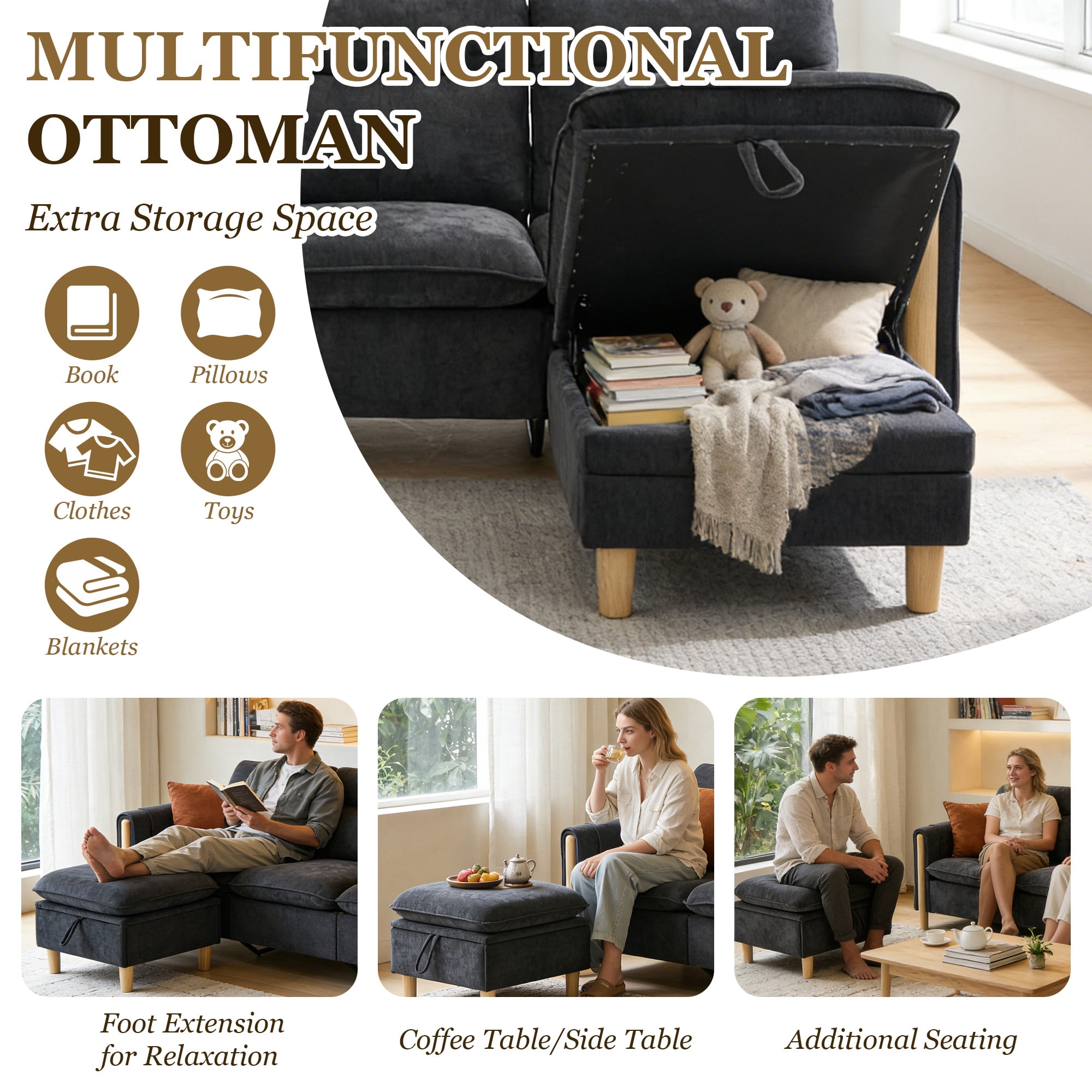 MOONMISS 3-Seater Chenille Sectional Sofa with 2 Storage Ottoman & Side Pocket Convertible Chaise Lounge for Living Room,Black