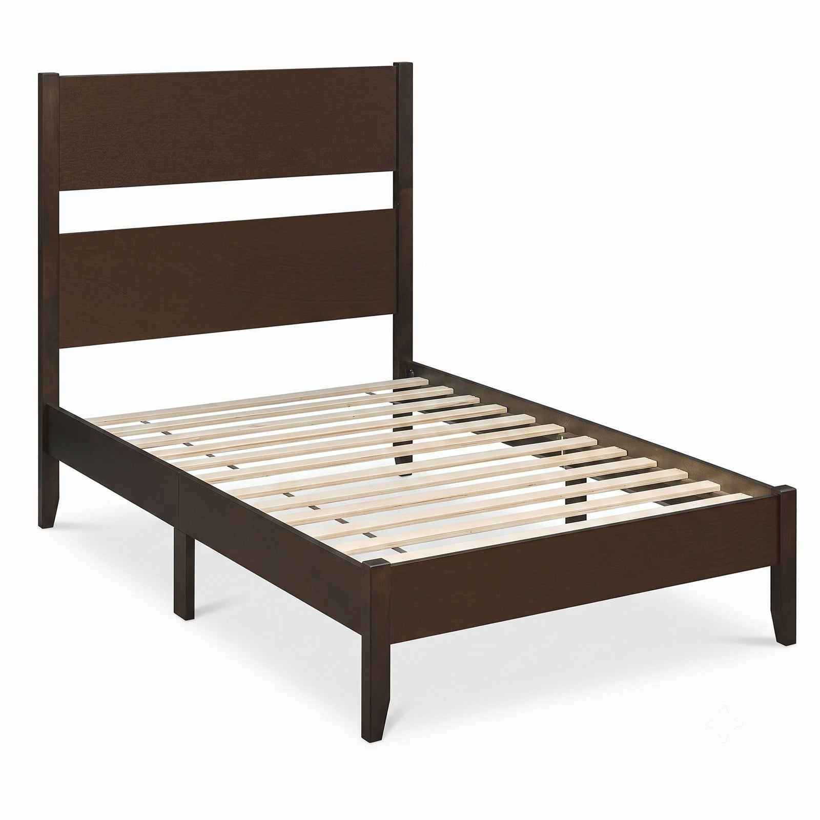 Furnibear Twin Bed Frame Wood Platform Bed with Plank Headboard Solid Wood Legs and 12 Slats for Bedroom and Guest Room, Warm Brown