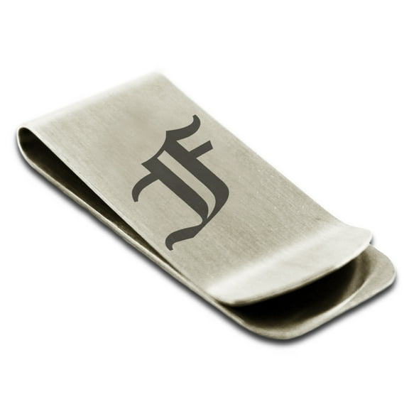 Stainless Steel Letter F Initial Old English Monogram Engraved Engraved Money Clip Credit Card Holder