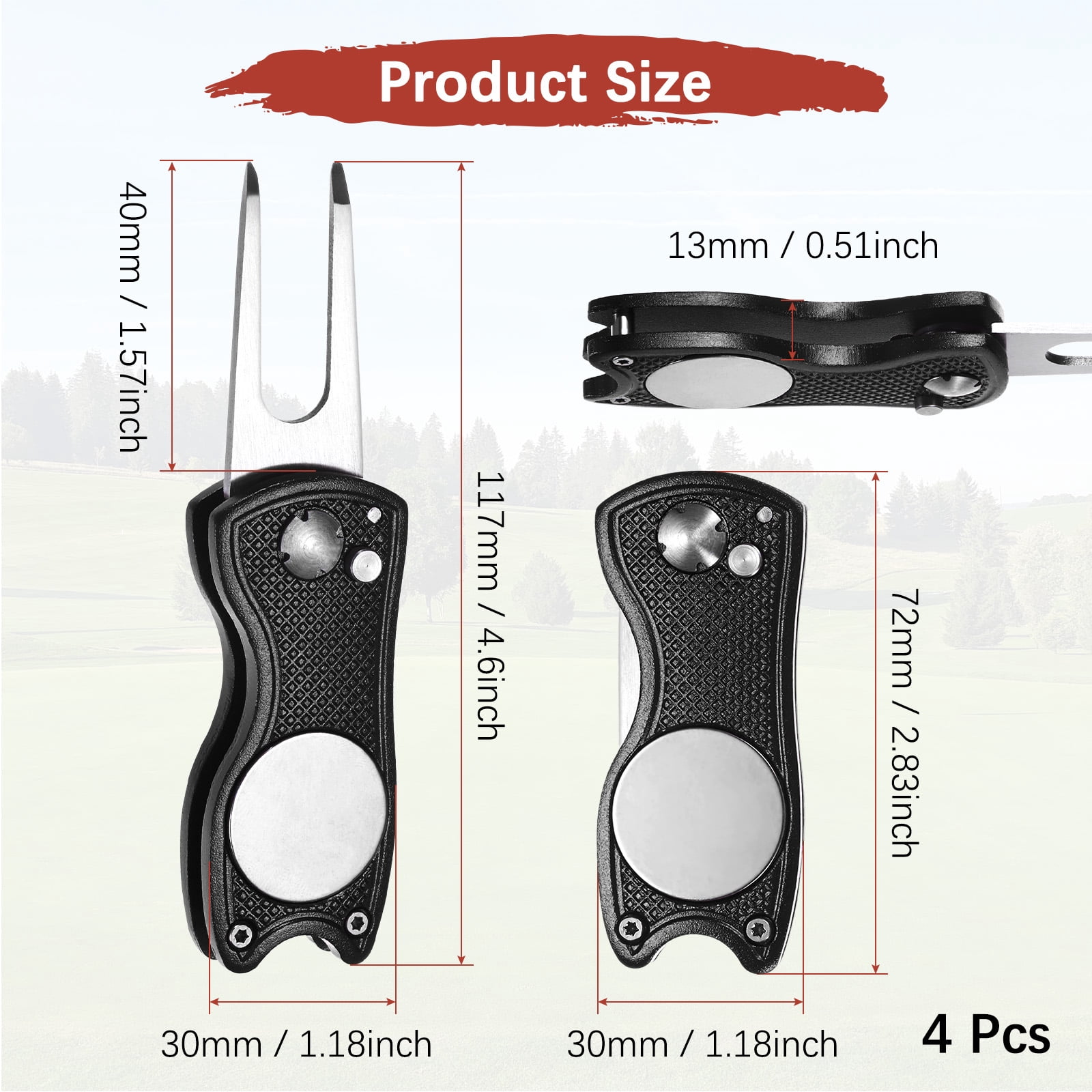 Uxcell Golf Divot Repair Tool [4PCS] - Switch Foldable Divot Tool Rack with Magnetic Ball Marker - [Black] Green Fork Tines