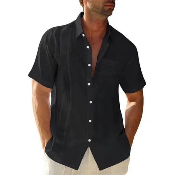 Havenx Men's Cotton Linen Short Sleeve Shirts Button Down Collared Shirt with Pocket Solid Color T Shirts Summer Beach Vacation Casual Lightweight Clothes,Black 2XL