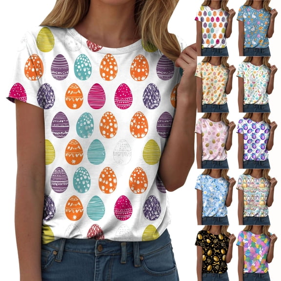 COMVALUE Easter Scrub Tops Women Bunny Egg Hunt Print Medical Scrubs Holiday Working Uniform (Hot Pink, L)