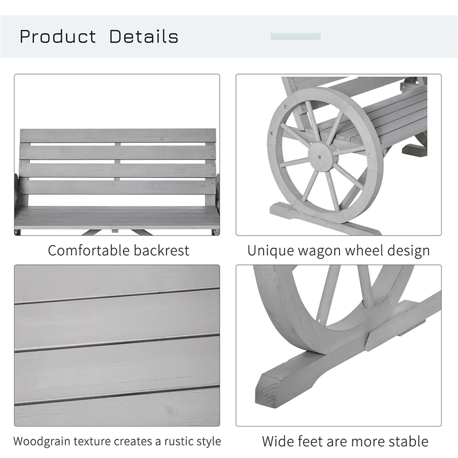 Demi Bonn 41" Patio Garden Bench Wooden Wagon Wheel Bench, Outdoor Benches Furniture with Backrest for Backyard, Park, Lawn, Yard, Gray