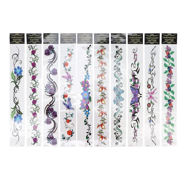 10 pegatinas de tatuajes temporales para cintura y vientre, resistentes al agua, accesorios de moda: diez hojas verticales de aprox. 420 x 60 mm con diseños florales y de mariposa en colores vivos, tiras curvas para aplicar en cintura y ombligo, material impermeable y fácil de usar, aptas para natación y fiestas; también suelen usarse como acentos temporales en ropa de festival.