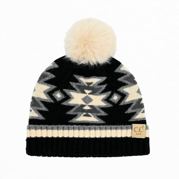 CC Kids South Western Pattern Faux Fur Pom Beanie