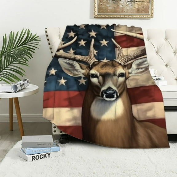 BCIIG American Deer Blanket Gifts for Kids Adults Soft Warm Lightweight Cozy Animal American Flag Deer Throw Blankets for Sofa Couch Bed Room Decor 40x50in