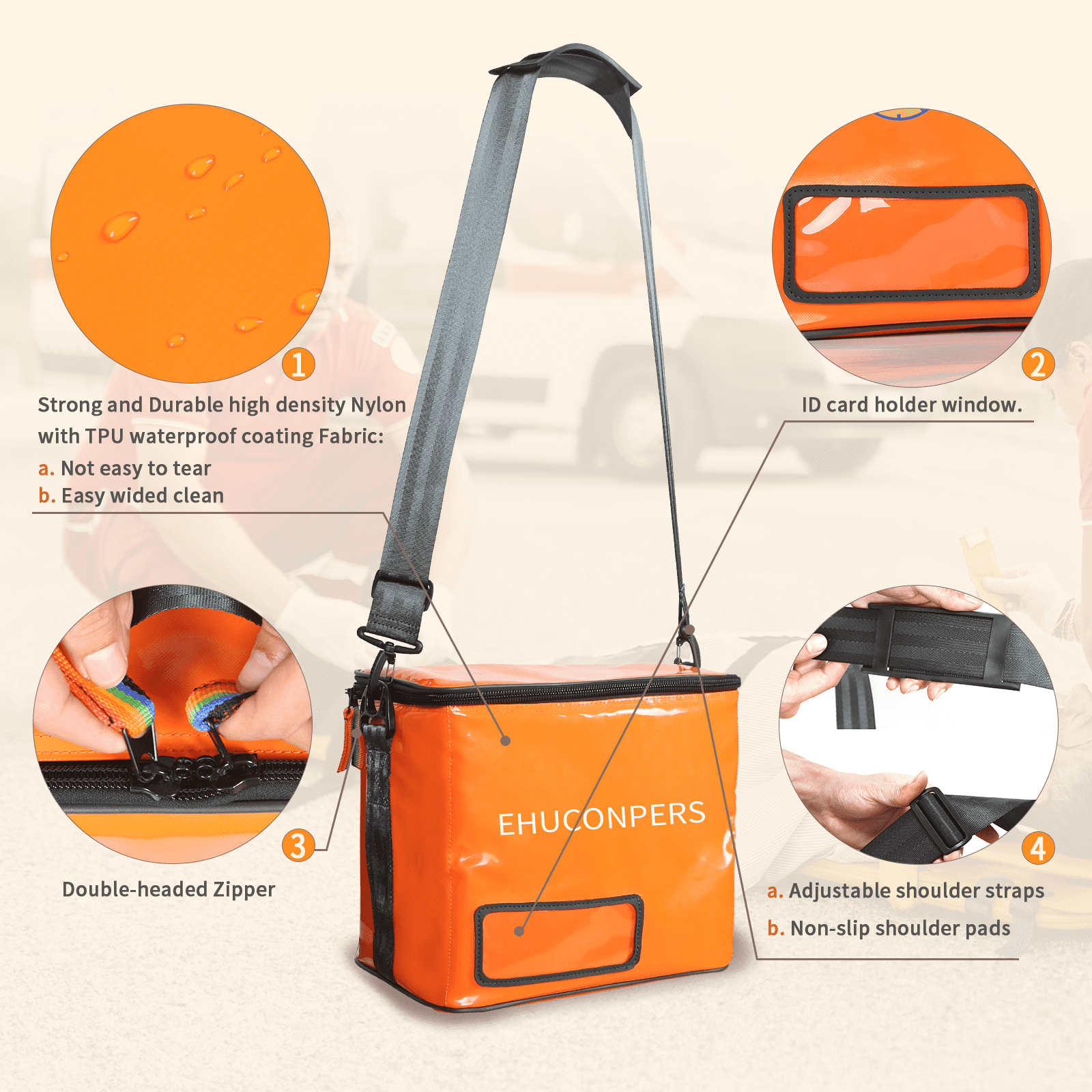 EHUCONPERS Emergency First Aid Kit Bag, Waterproof EMT Trauma Organizer, Heavy-Duty Medical Storage Bag, Orange
