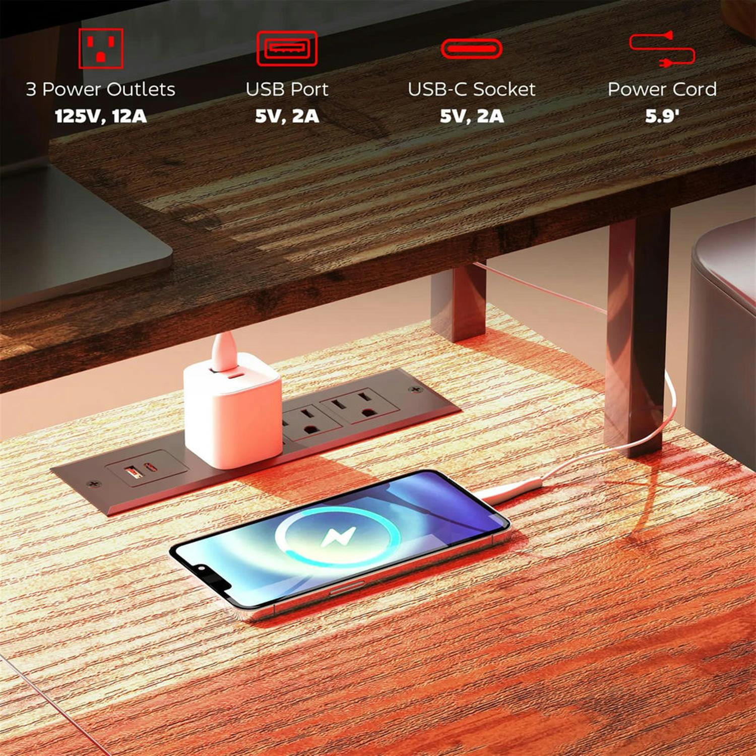 Demi Bonn 67" Office Desk with LED Lights and Power Outlets, Home Computer Desk for Living Room, Office, Study Table PC Desks, Brown