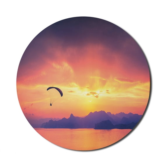 Sports Mouse Pad for Computers, Paragliding Silhouette over Sea at Sunset with Reflection of Sun Epic Ocean Scenery, Round Non-Slip Thick Rubber Modern Gaming Mousepad, 8" Round, Orange, by Ambesonne