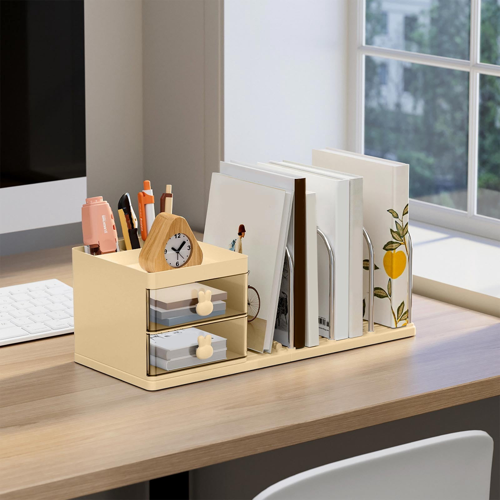 Desk Organizers, Office Organization with Accessories and Vertical File Holder, Desktop Book Shelf, for Office Supplies, Desk Accessories, for Study Room, Dorm (Beige)