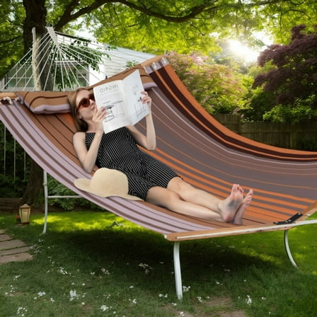 GVN Patio Hammock Foldable Swing Chair Bed with Detachable Pillow-Brown