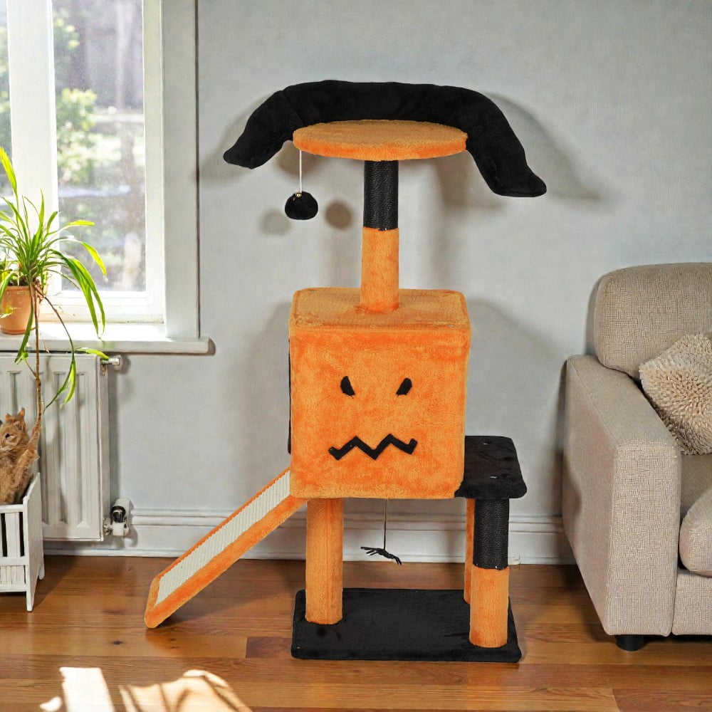 Tcbosik Cat Tree, 39.4 inch Halloween Cat Tower with Perch and Cat Condo, Cat Activity Center with Sisal Scratching Posts and Hanging Toys, Orange & Black