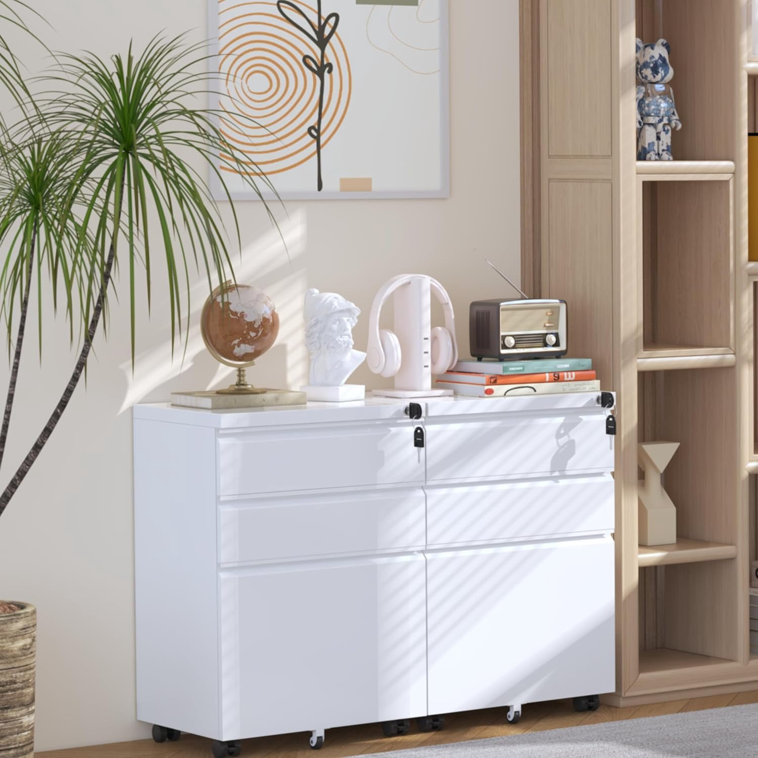 SUNCROWN File Cabinet, 3-Drawer Rolling Metal Mobile File Cabinet with Lock Fully Assembled Except Casters, Under Desk Cabinet for Home Office Fit Letter/Legal/A4 Size Files(White)