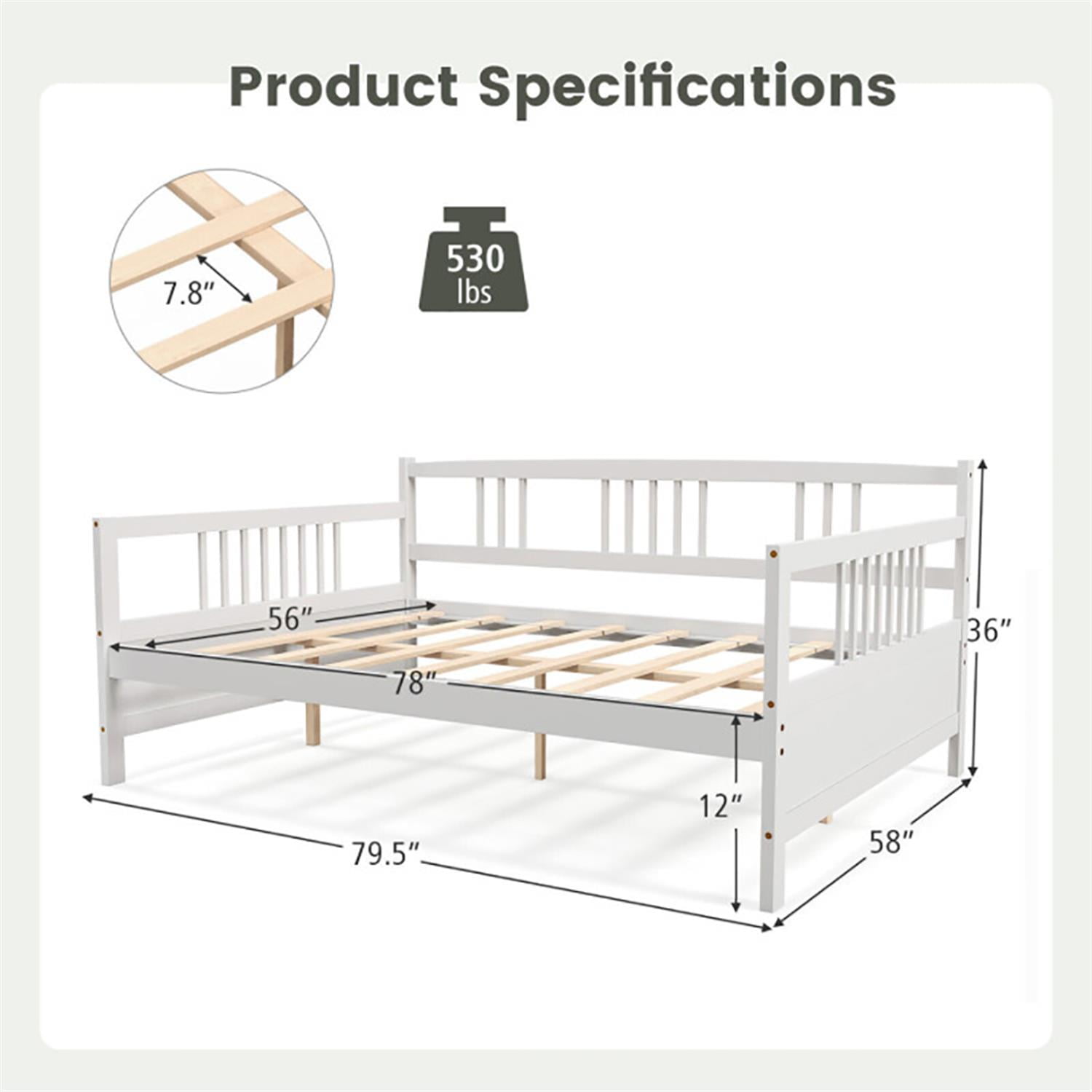 Demi Bonn Wooden Full Size Daybed Frame with Guardrails, Modern Bed Frame for Teens, White