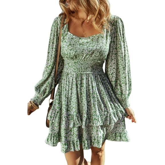 Women's Green Floral Print Square Neck Shirred Waist Ruffled Mini Dress