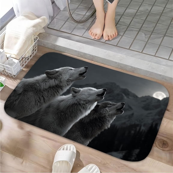 1pc Three Wolves Howling Absorbent Non-Slip Bathroom Thickened Flannel Rug Decor,Soft,Quick Drying,Suitable For Indoor/outdoor Use,Bathrooms,Bedrooms,Kitchens,Terrace,Laundry Rooms,16"x24"