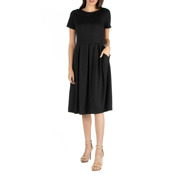 24seven Comfort Apparel Midi Dress With Short Sleeves Pocket Detail Black L