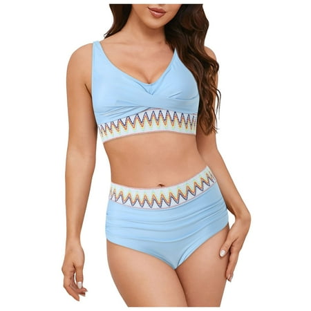 2DXuixsh 2Pcs Women s Bathing Suit Two Piece Swimsuits Swim Tank Top Boyshorts High Waisted Bikini Set Sexy Push up Vintage Swimsuit Retro Ruched Swimwear Light Blue Size M